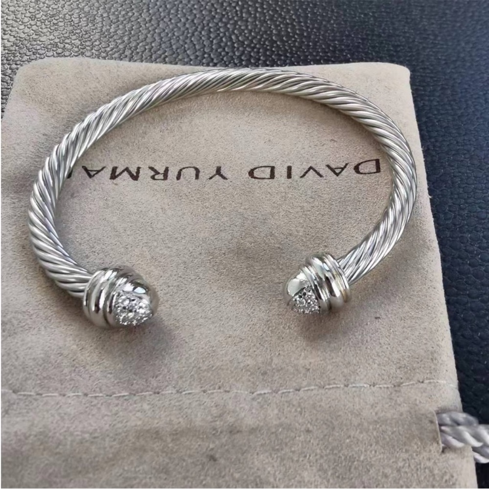 David Yurman Silver Cable Open Cuff Bracelet with Pavé End Caps 7mm